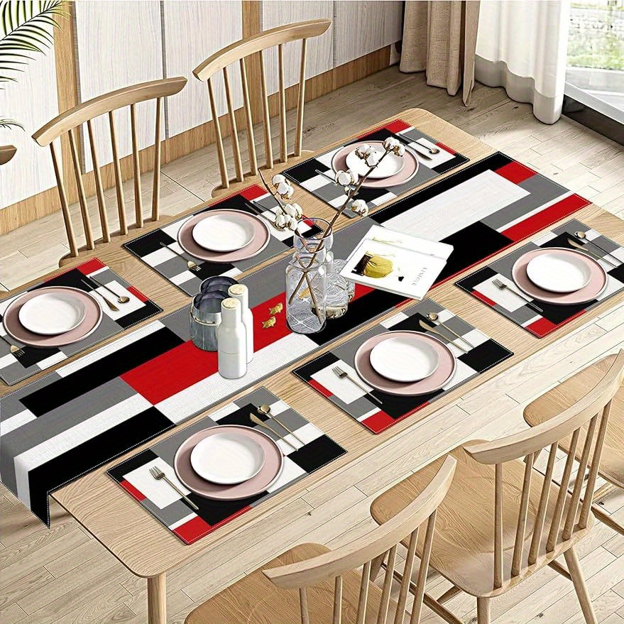 

1 Set, Table Decor Set, Red Black Grey Color Block Printed Table Runner And 6 Placemats Set, Modern Linen Textile Table Pads, Washable Dining Decor For Indoor, Dining Table Decor