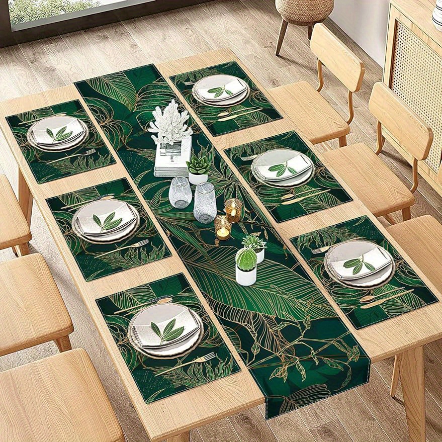 

1 Set, Table Decor Set, Green Palm Leaves Printed Table Runner And Placemats Set, Luxury Geometric Green Gold Line Modern Tropical Dining Table Decor For Daily Use