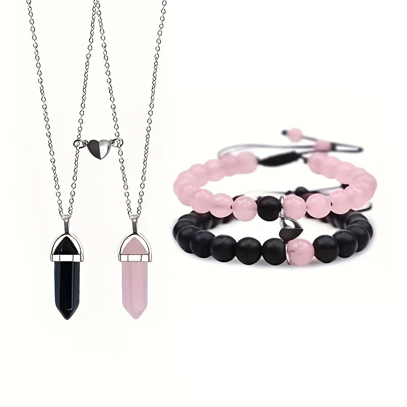 

Necklaces & Bracelets Chic Jewelry Set Silver Plated Inlaid Black & Pink Stone Match Daily Outfits Party Accessories Meaningful Gift For Your Best Friend Or Lover