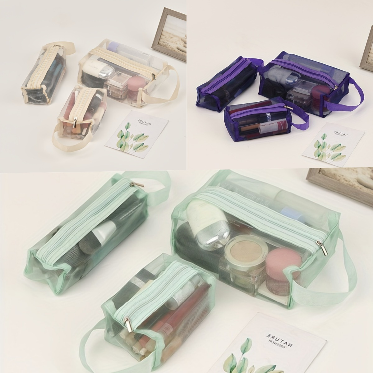

3pcs Multi Functional Portable Mesh Transparent Wash Bag Cosmetic Bags, Simple Storage Bag With Zipper Handle