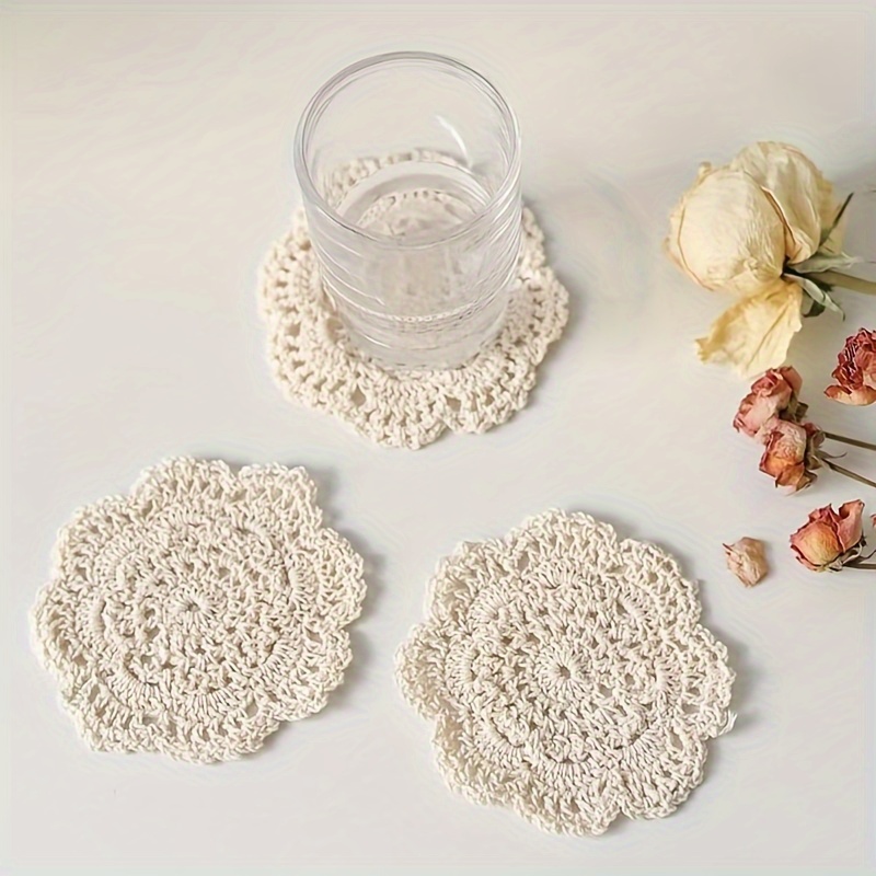 

4pcs Handmade Crochet Lace Coasters - 100% Cotton Floral Table Mats, Retro Style Heat-resistant Trivets & Underliners For Home Decor And Photography Props