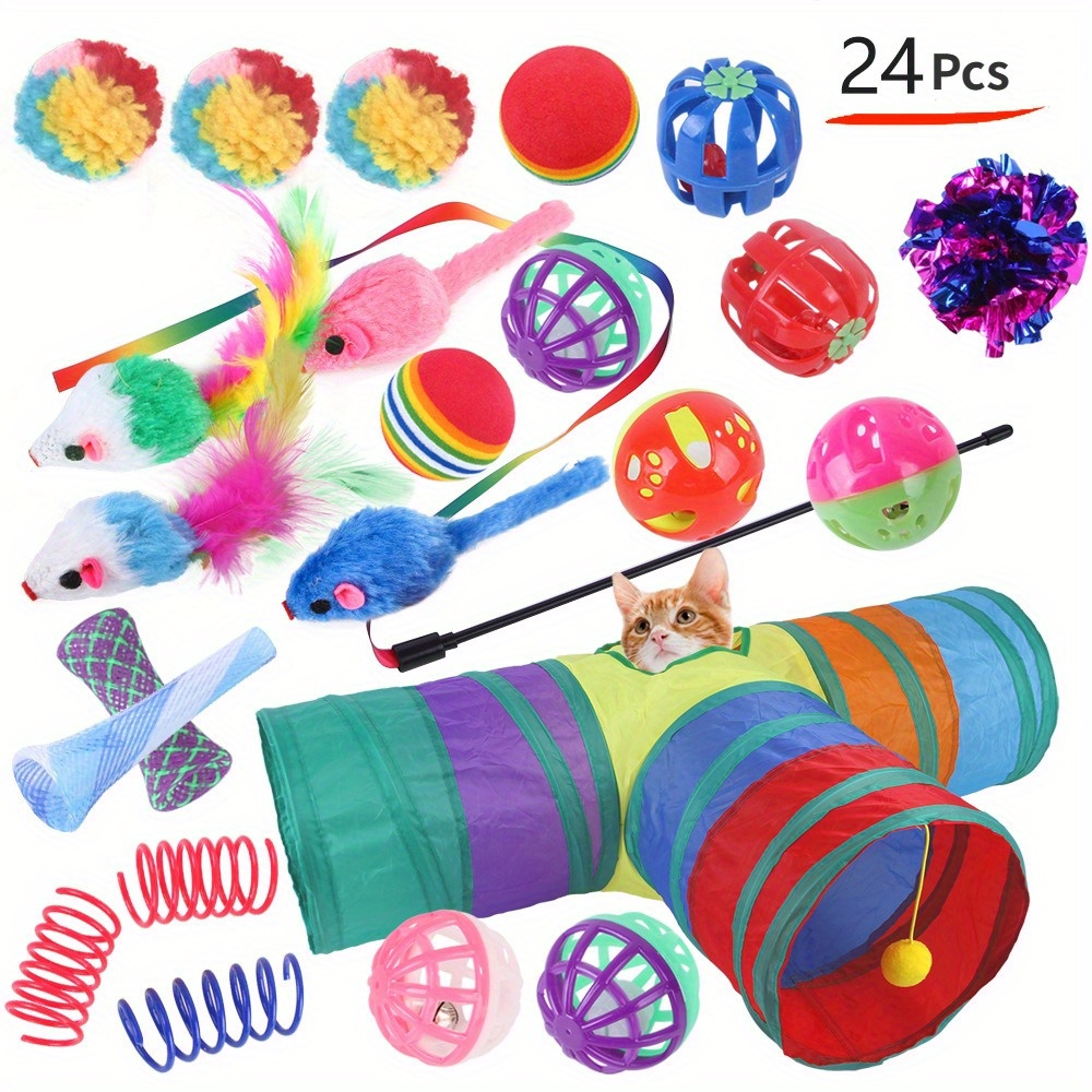 

24pcs New Cat Toy Combination Set, Channel Cat Teaser Stick Ringing Paper Cat Tunnel Channel, Pet Supplies