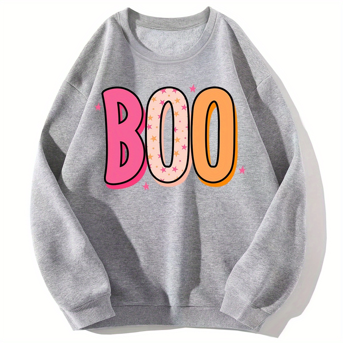 

1pc Halloween "boo" Graphic Sweatshirt, Polyester Crew Neck Pullover With Iron-on Application, Washable Casual Tee For Everyday Wear