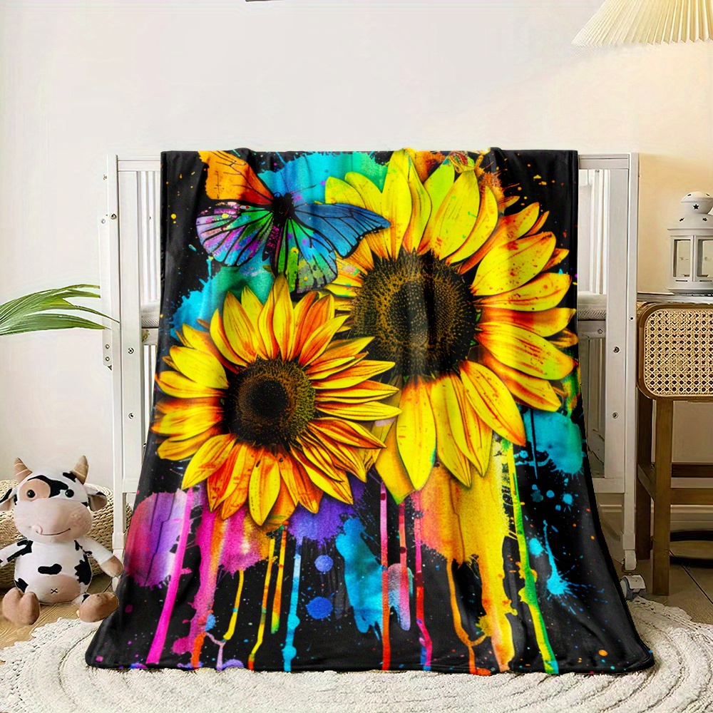 

1pc Sunflower Printed Thin Blanket, 4 Season Blankets Suitable For Sofas, Beds, Living Rooms, Travel, Soft And Nap Office Shawl Blanket, Outdoor Camping Blankets