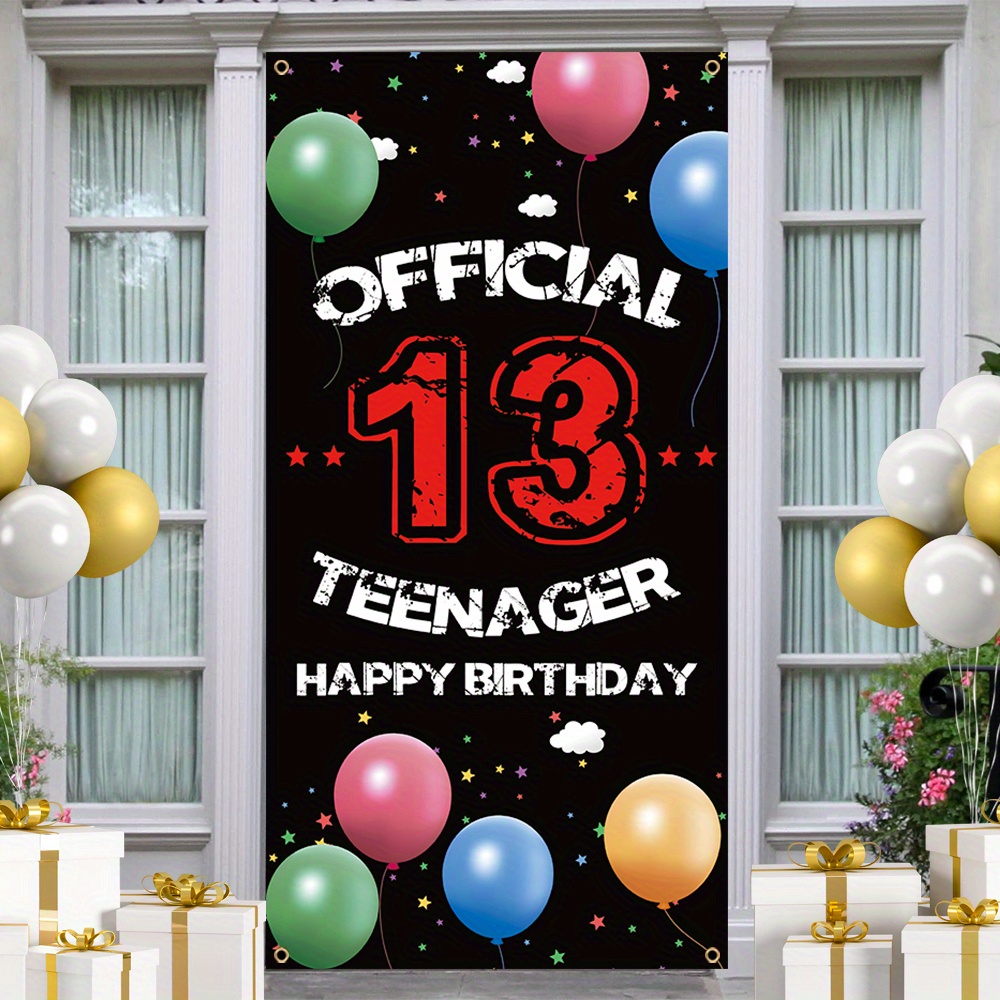 

1pc, Happy 13th Birthday Door Cover Banner, Polyester, Black Background Porch Sign Birthday Party Front Door Hanging Banner Home Mural Decor 70x35 Inch