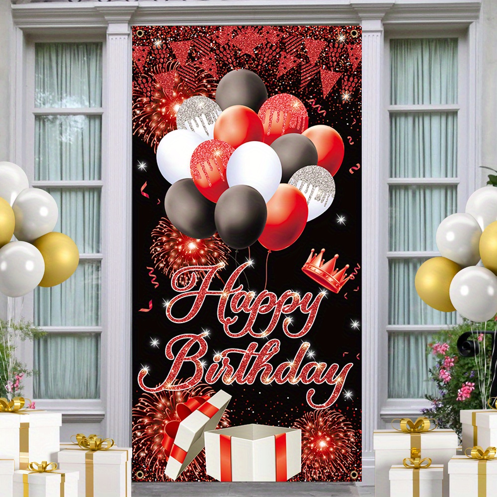

1pc, Happy Birthday Door Cover Banner, Polyester, Black And Red Background Porch Sign Birthday Party Front Door Hanging Banner Home Mural Decor 70x35 Inch