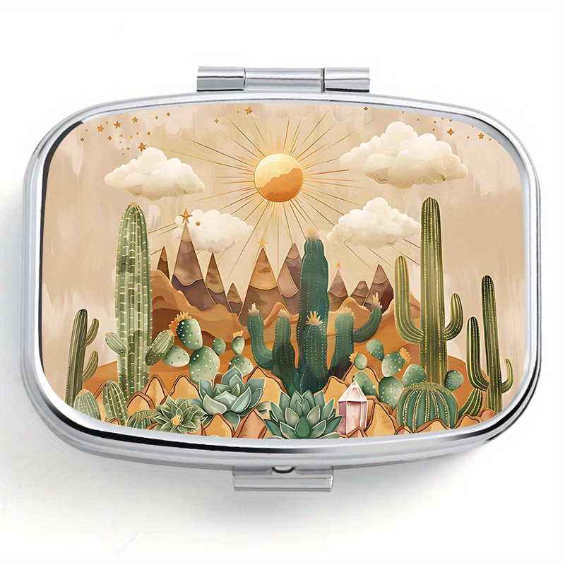 

Desert Landscape Printed Square Metal Medicine Box With 2 Compartments, Perfect For Travel And Outdoor Activities - Suitable For Home, Travel, And As A Unique Gift