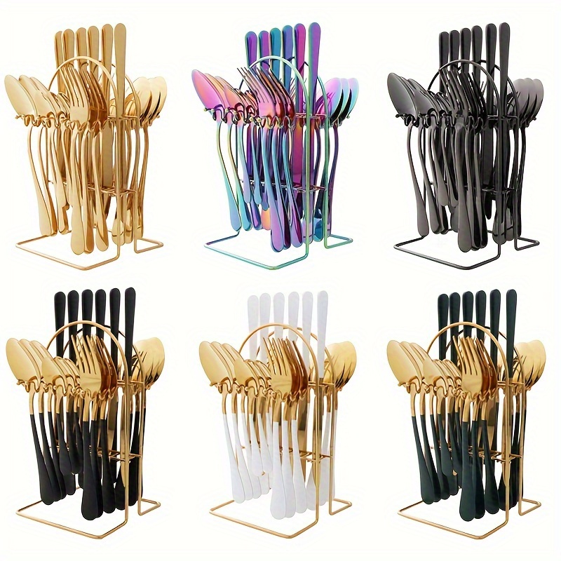 

24pcs/set Stainless Steel Western Cutlery Set With Rack, Steak Knife, Fork, Spoon And Tea Spoon, Dinner Fork, Dinner Spoon, Fruit Fork, Dessert Spoon, For Hotel Party Wedding, Flatware Set