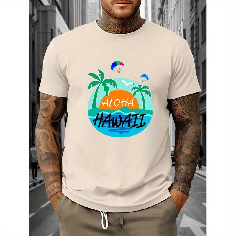 

Aloha Hawaii Print Crew Neck T-shirt For Men, Casual Short Sleeve Top, Men's Clothing