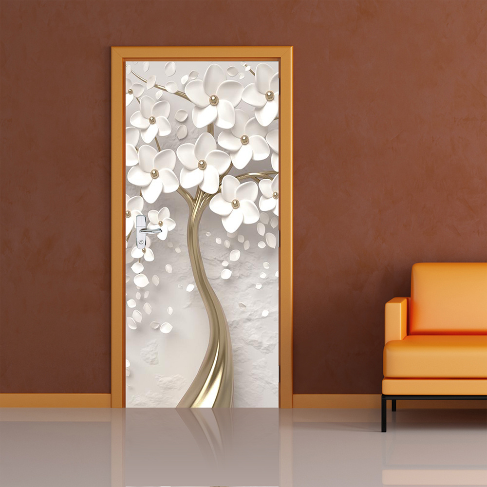 

1pc Peel And Stick White Flower Vinyl Door Mural - Self-adhesive Floral Art Print Wallpaper, Waterproof Decal For Bedroom Home Decor, Indoor Portrait Orientation