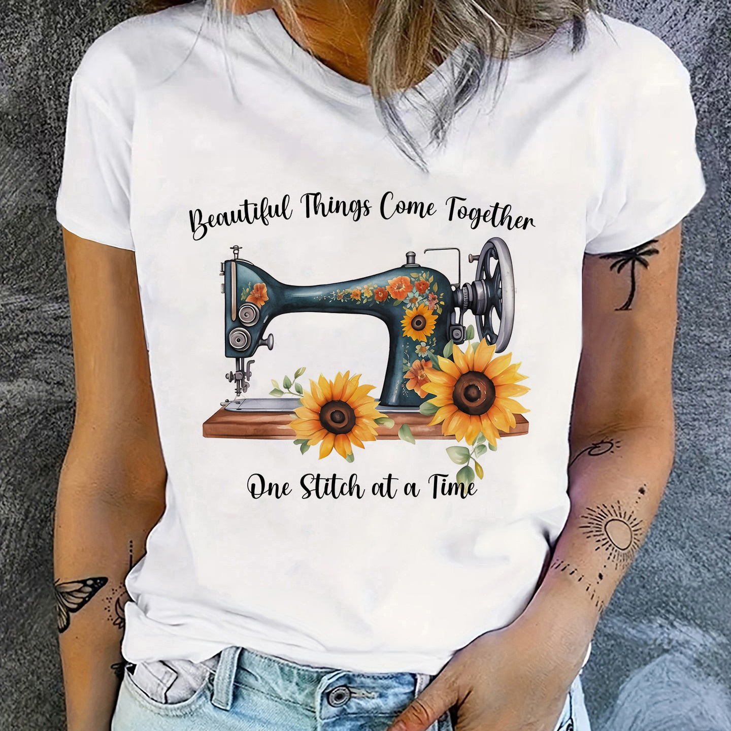 

Sunflower & Sewing Machine Print Crew Neck T-shirt, Casual Short Sleeve T-shirt For Spring & Summer, Women's Clothing