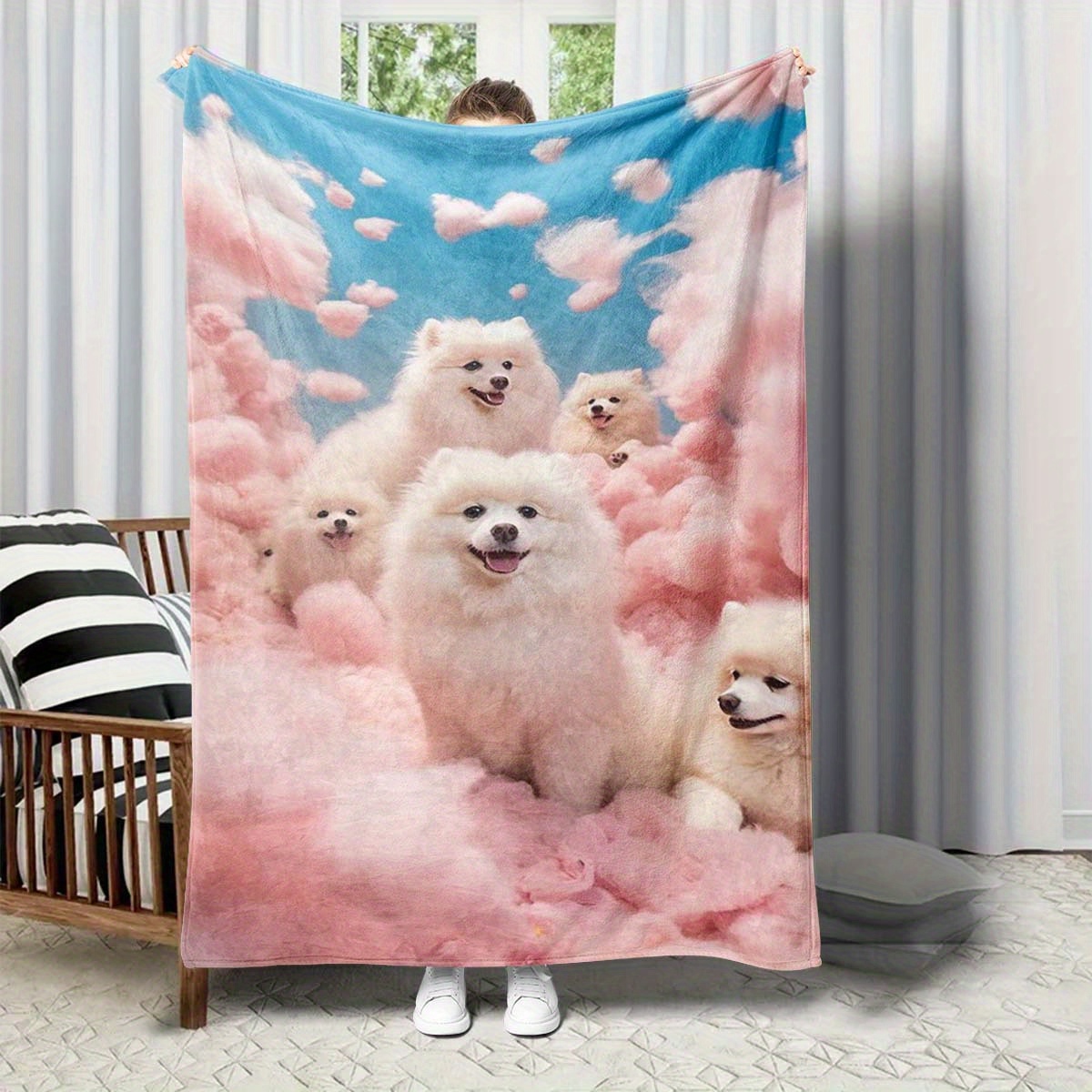 

Fantasy Aesthetic Pink Sky Cute Smile White Puppy Art Pattern Print Blanket 4 Seasons Office Chair Blanket