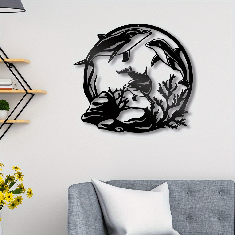 

1pc Ocean Scene Metal Wall Art Decor, Black Dolphin & Coral Design, Decorative Hanging Artwork For Home, Office, Living Room, Bedroom
