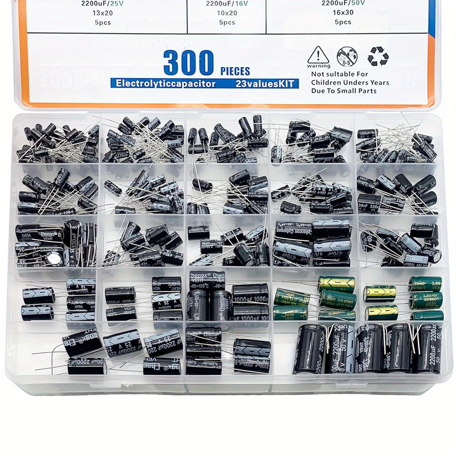 

300 Piece Electrolytic Capacitor Kit - 23 Values, 10uf-2200uf, Aluminum Dip Capacitors Assortment For Electronics With Organizer Box, Iron Material, Wired, ≤36v Operating Voltage