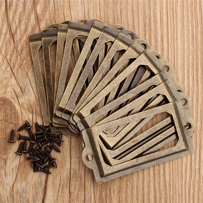12pcs Antique Brass Label Holders With Screws - Vintage Metal Name Tag Frames For Jewelry Boxes, Cabinets & Drawers