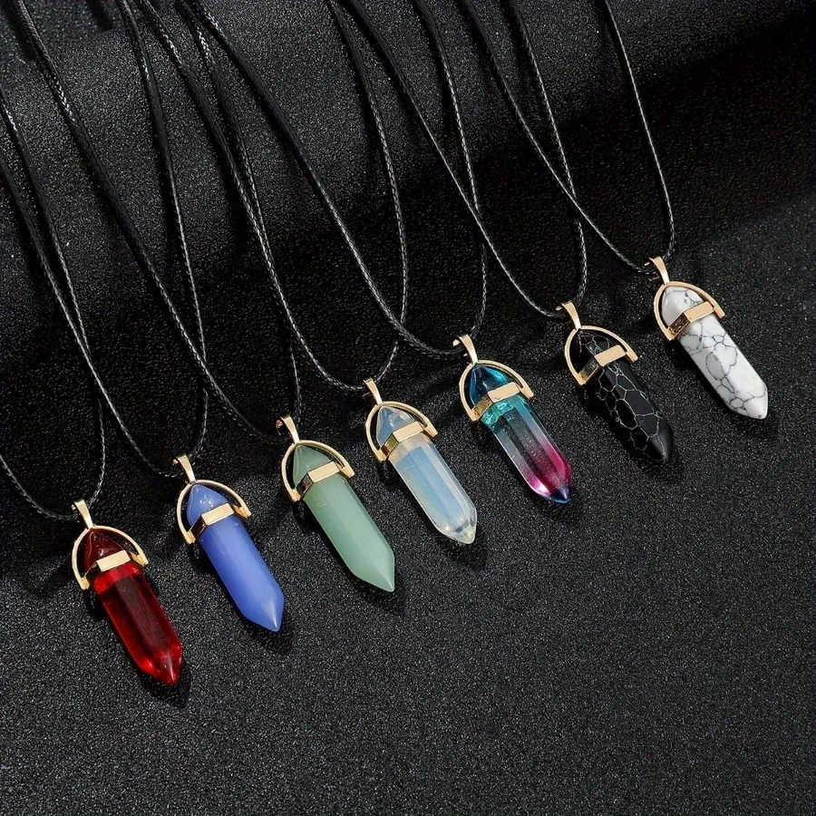 

7pcs/set Hexagon Pillar Quartz Necklace Turquoise Pink Crystal Necklace Genuine Leather Chain Natural Stone Choker Necklace