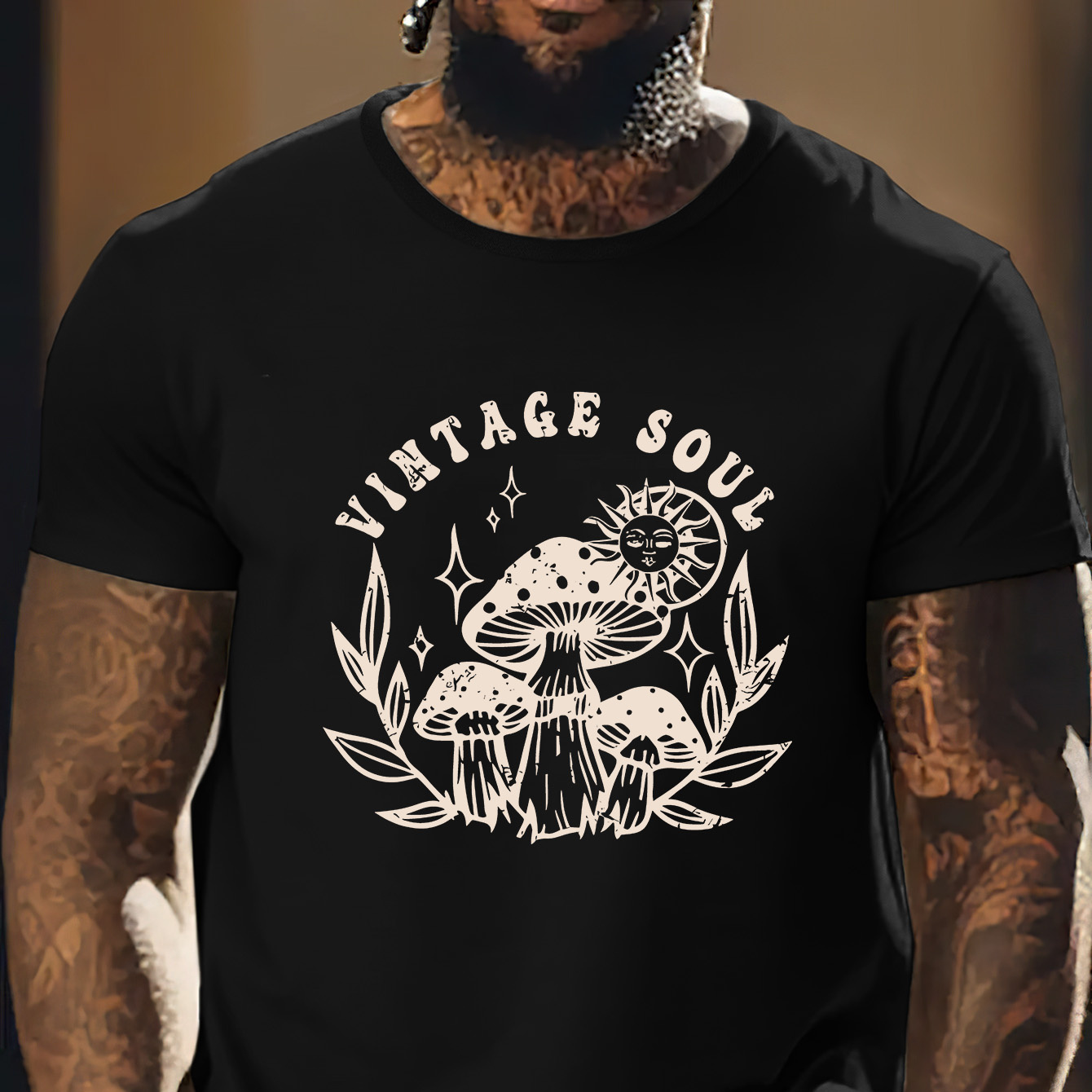 

Men's Mushrooms Print T-shirt, Casual Short Sleeve Crew Neck Tee, Men's Clothing For Outdoor