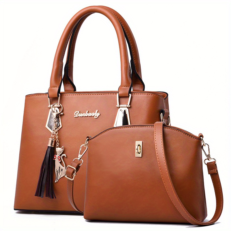 

2pcs Elegant Handbag Set, With Tassels And Zipper Lock, Multi Functional Handbag