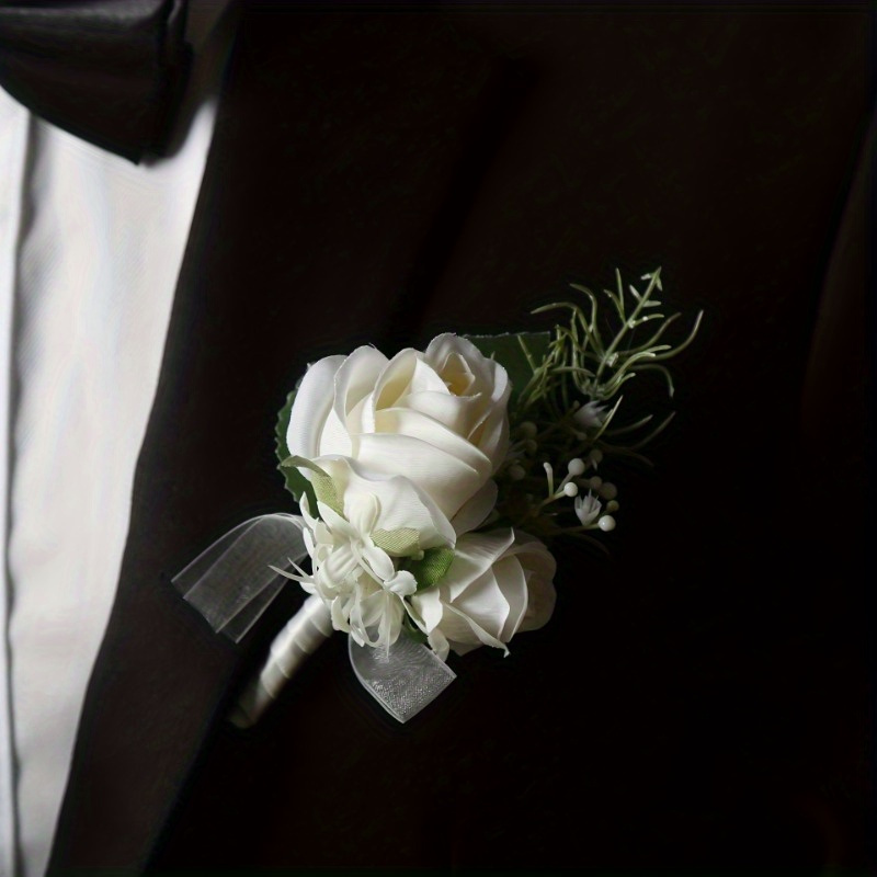 

1pc, White Rose Boutonniere For Wedding, Artificial Flower Lapel Pin, Elegant Groomsmen Decor, Wedding Accessory, Realistic Faux Floral Accent
