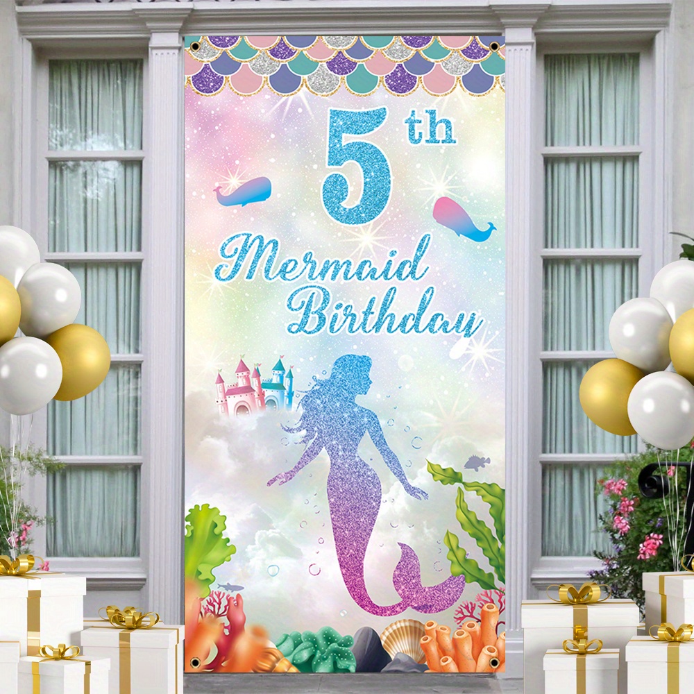 

1pc, Happy 5th Birthday Door Cover Banner, Polyester Underwater World Mermaid Background Birthday Party Hanging Decoration Home Indoor Outdoor Wall Decor 70x35 Inch