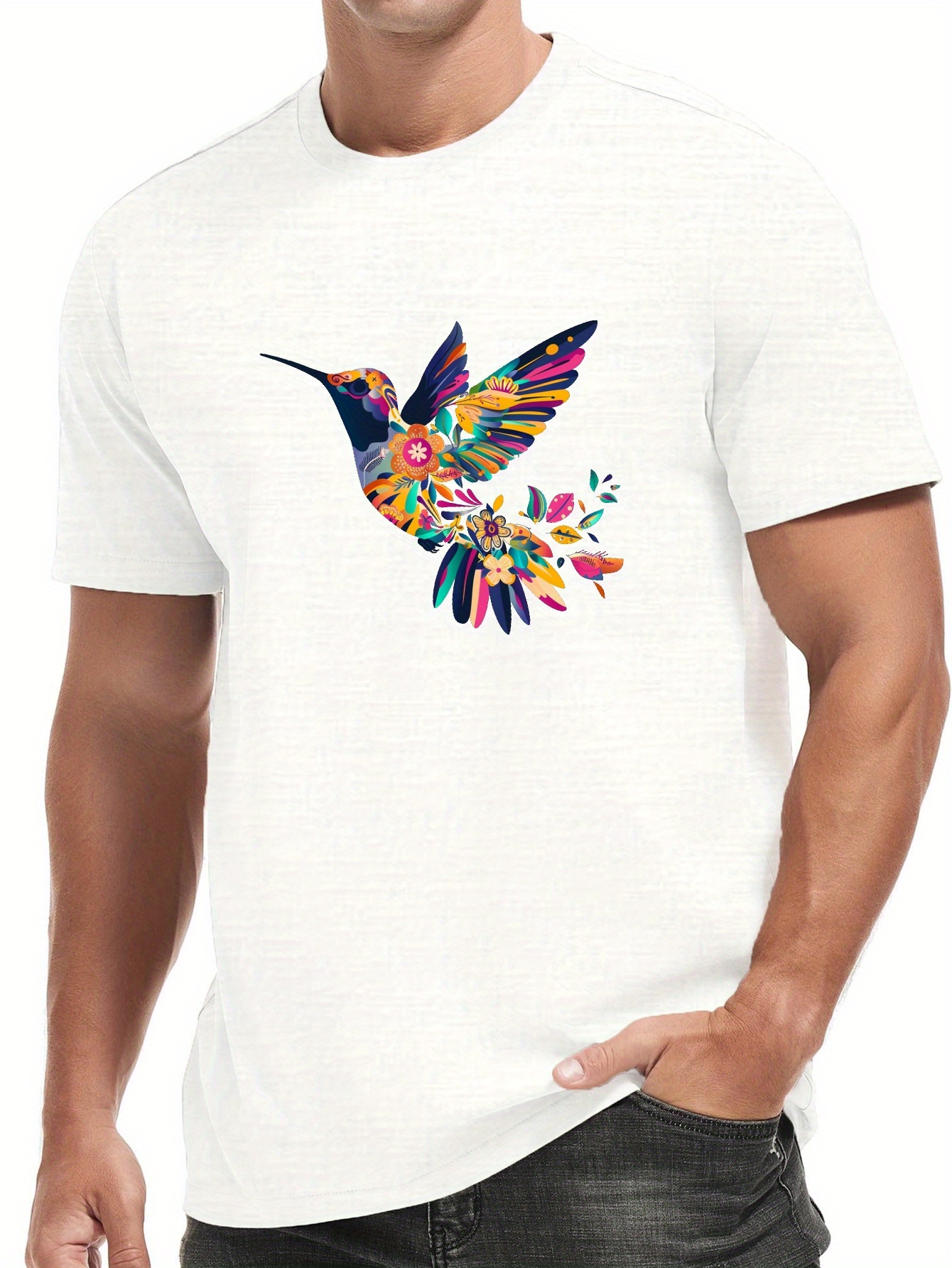 colorful hummingbird floral print men's round neck short Temu