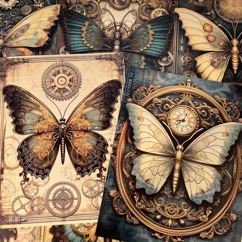 

Steampunk Butterfly Stickers - 10 Sheets, Junk Journaling Decoupage Paper, Collage Material For Scrapbooking And Crafting, Vintage Clockwork Design - 10.2x7.8 Inches