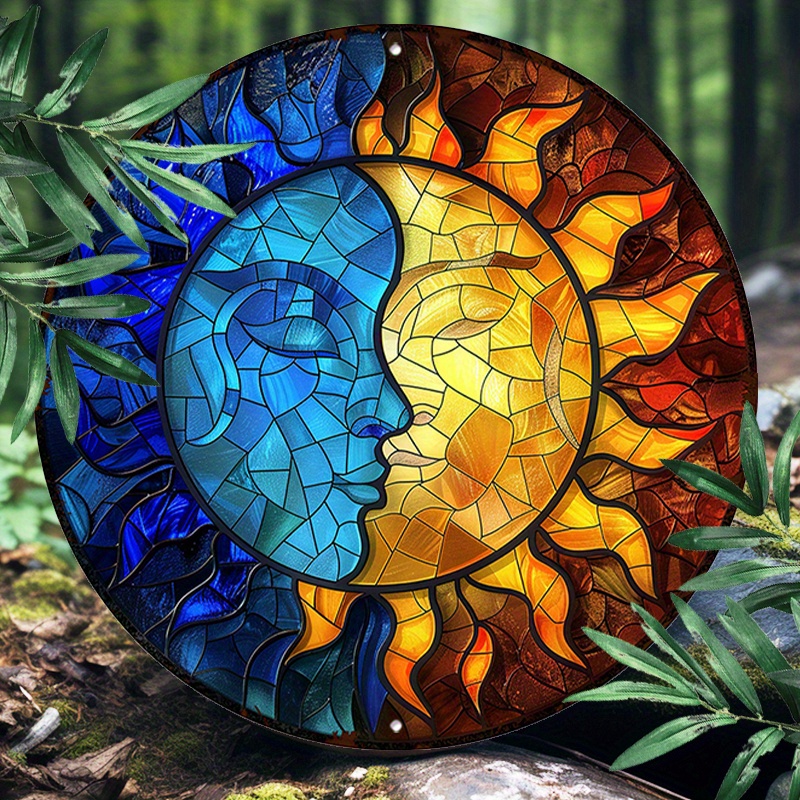 

1pc 8x8inch(20x20cm) Round Aluminum Sign Metal 2d Sign Metal Sign Stained Glass Style Sun And Moon For Wall Decor, Home Decor