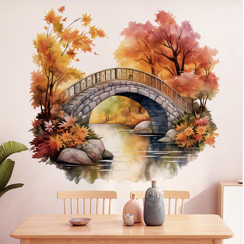 

Autocollant mural en PVC, paysage de pont en arc d'automne pour chambre à coucher et salon, autocollant mural amovible auto-adhésif, décoration de maison, 1 pièce