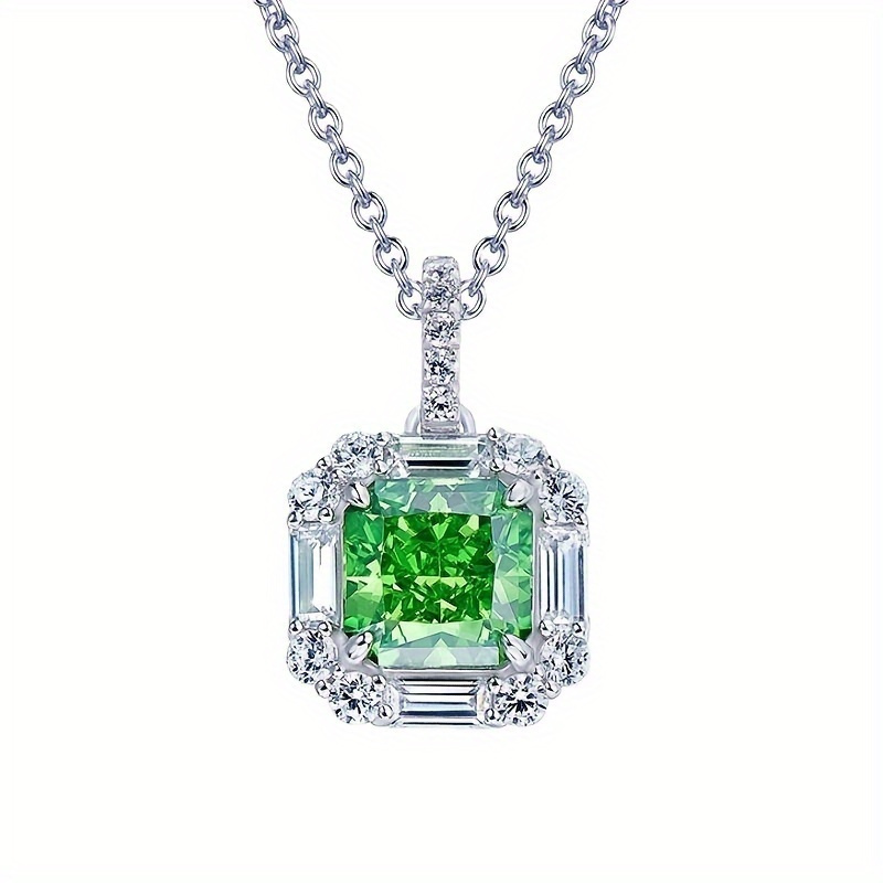

1pc 925 Silver Green Pendant Necklace, Shiny Square Shape Pendant Necklace Jewelry Gifts For Women Men