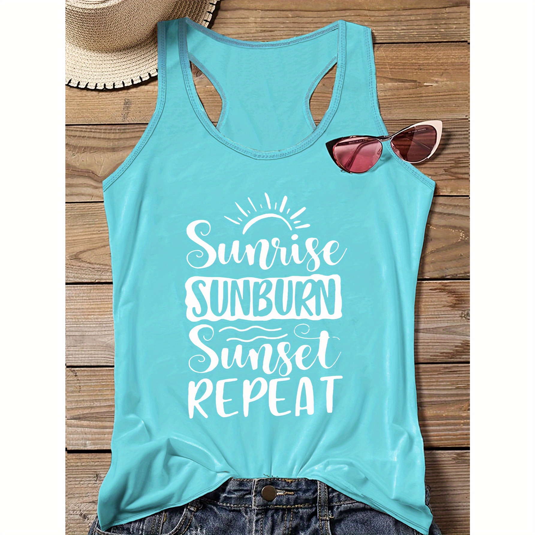 

Plus Size Casual Sporty Sunshine Print Tank Top, Sleeveless Racer Back Casual Top For Summer & Spring, Women's Clothing