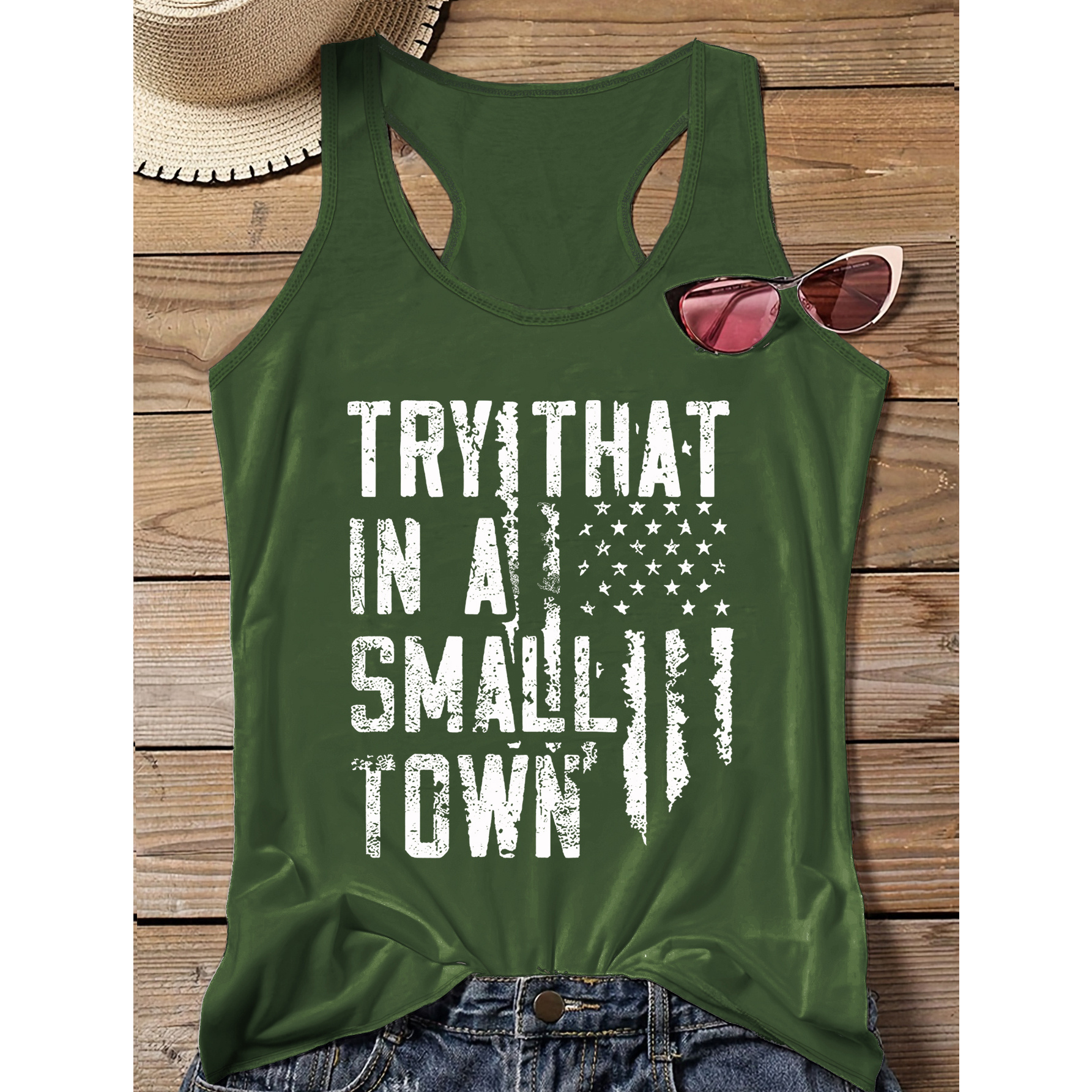 

Plus Size Casual Sporty Slogan Print Tank Top, Sleeveless Racer Back Casual Top For Summer & Spring, Women's Clothing