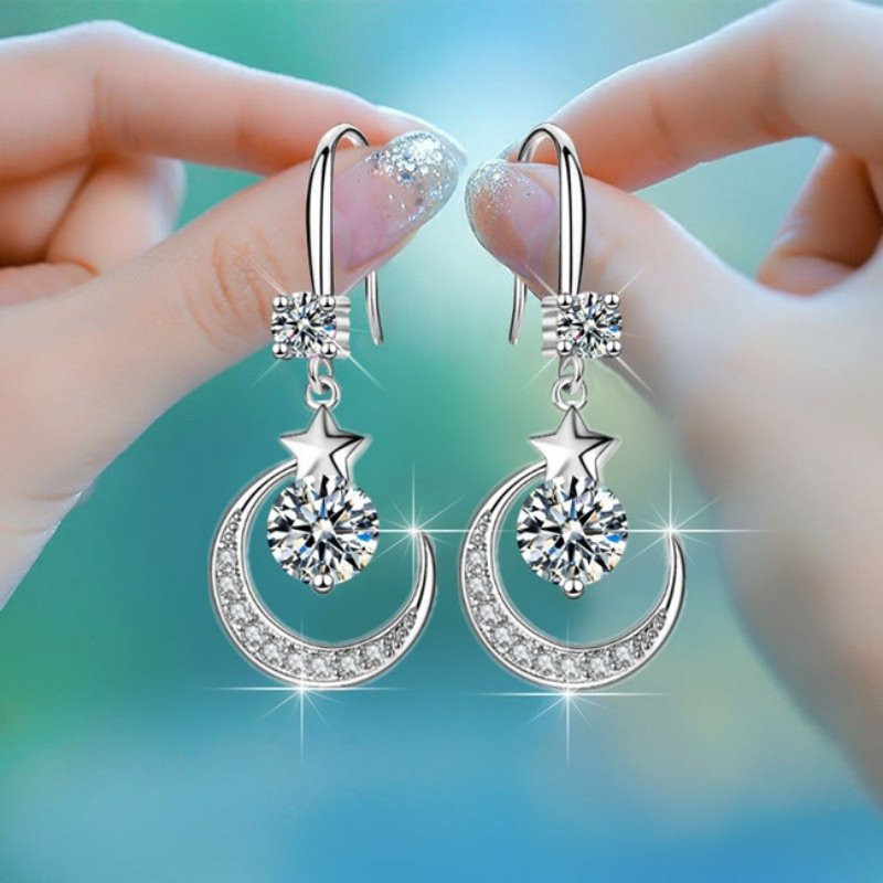 

1/3pairs Gorgeous Silvery Star Moon Earrings With White Sapphire & Pink & Blue Artificial Dangle - Perfect For Brides, Weddings, Engagements, Christmas Gift