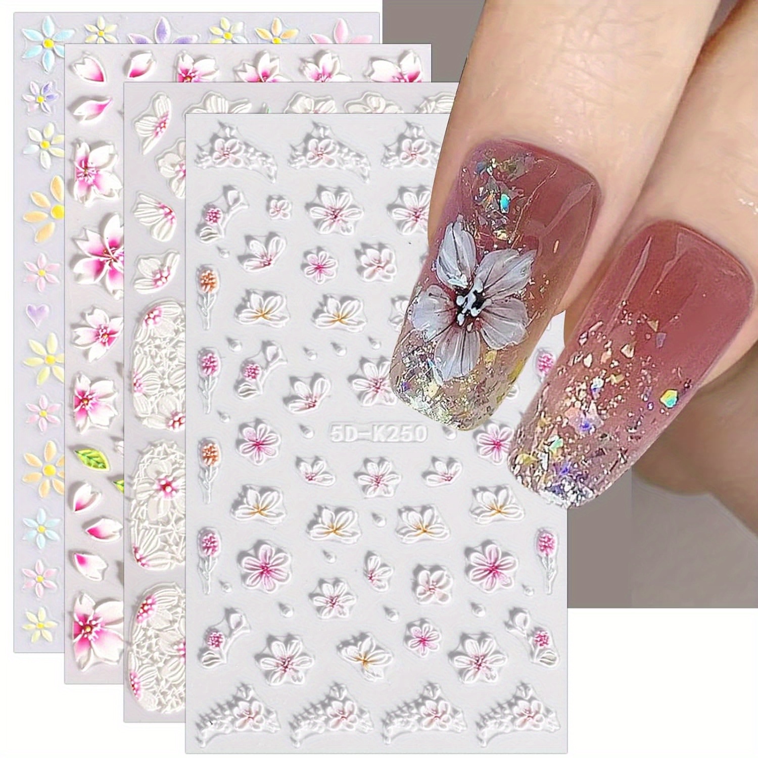Image of 4 Sheets 3d Embossed Flower Nail Art Stickers - Self-adhesive 5d Floral Decals With Glitter Accents, Resin Material, Semi-, Nail Designs, Nail Stickers