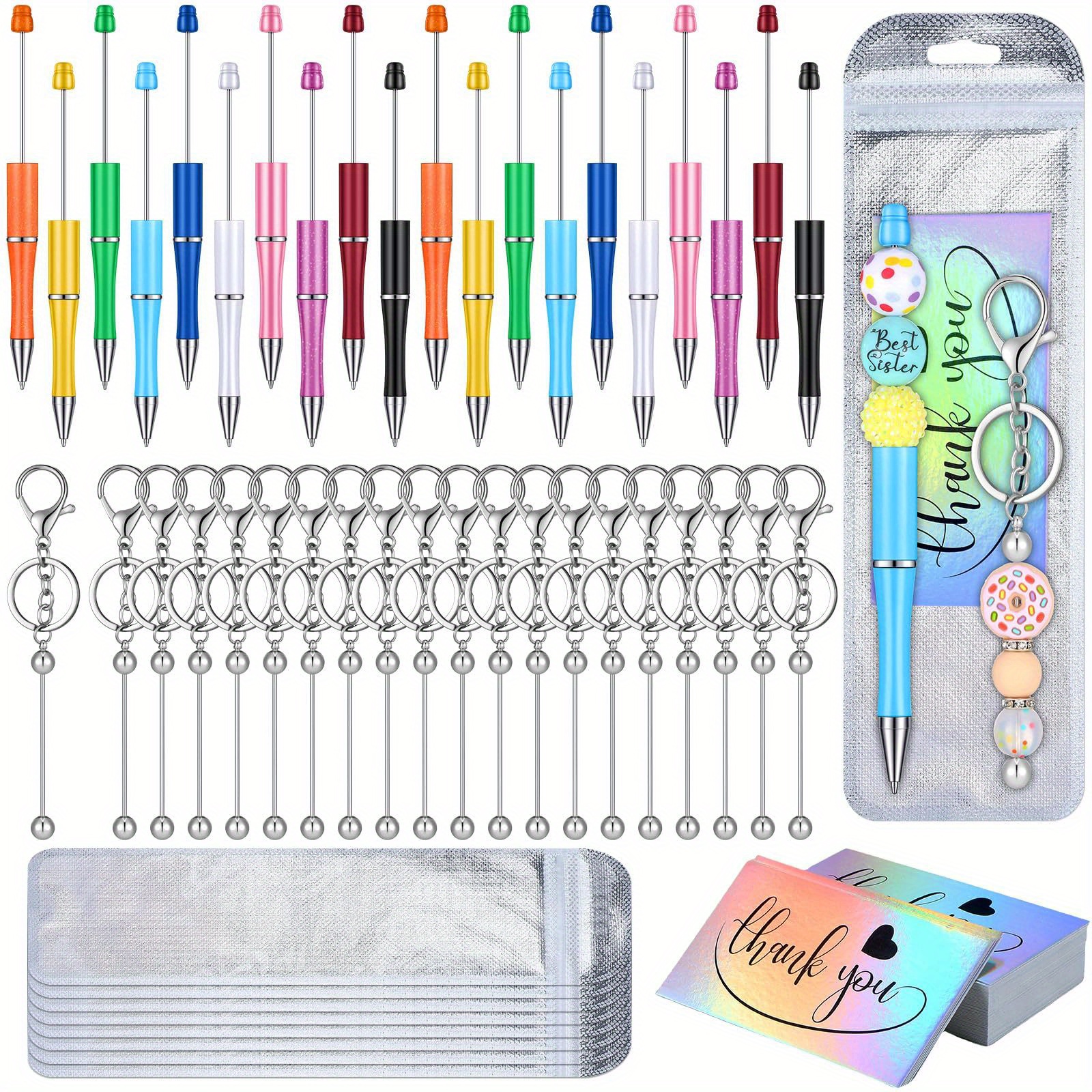 

80pcs Beadable Pen Beadable Keychain Bars With Resealable Pouch Bag And Thank You Cards Set For Diy Bead Pens Wedding Graduation Christmas Gift Office School Supplies