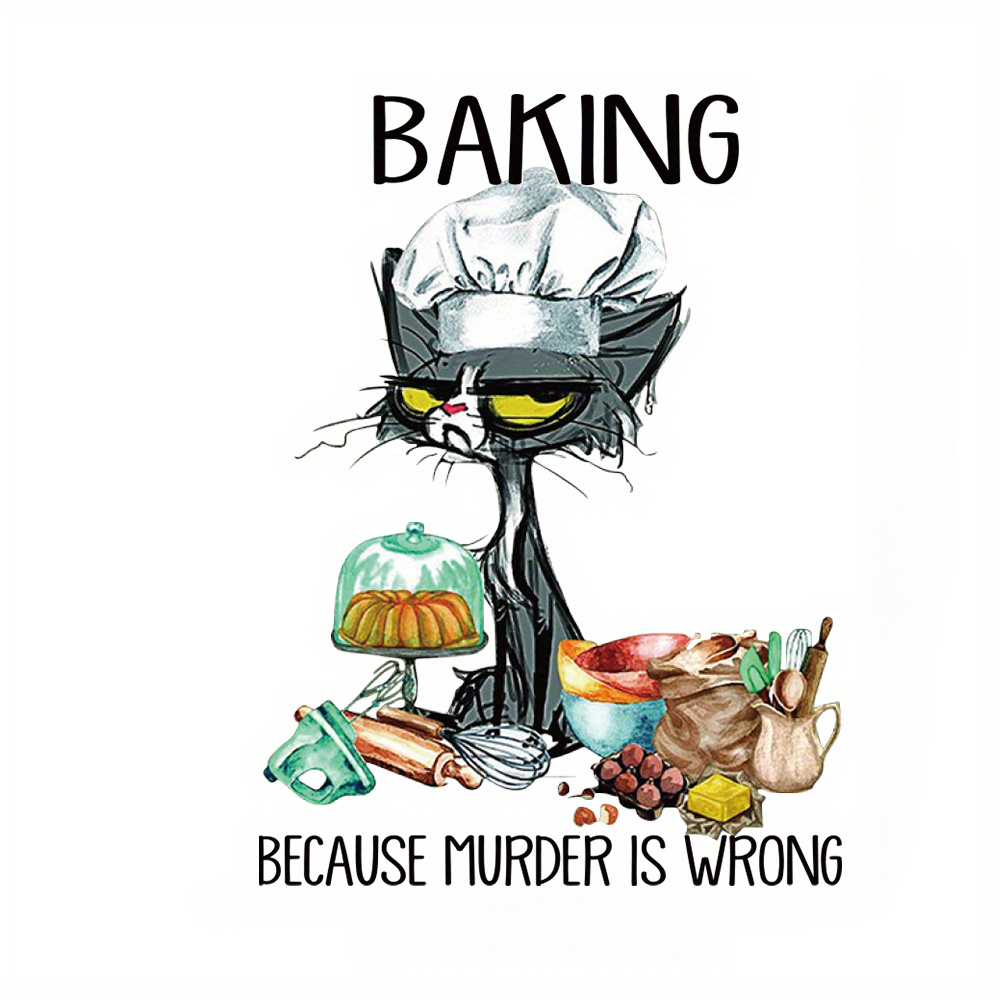 TEMU 1pc Little Cooking Cat Heat Transfer Decal - Mixed Color Polyester Iron-on Patch For Diy T-shirts, Sweaters, Backpacks - Washable Fashion Accessory With "baking Murder Is " Slogan