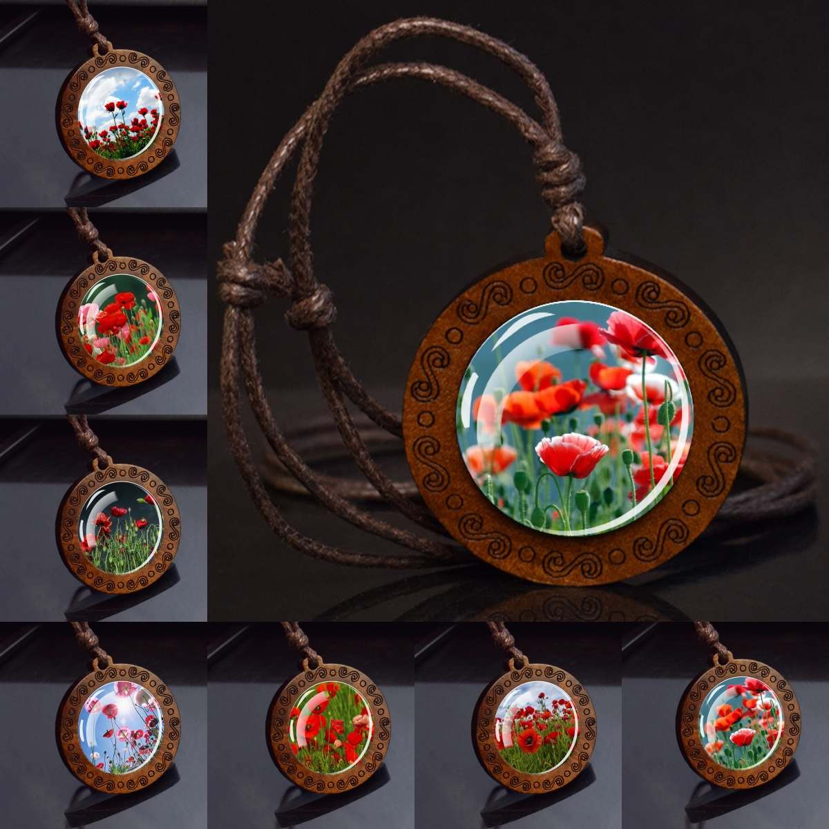 

Flowers Pattern Necklace, Glass Wooden Pendant Necklace For Men
