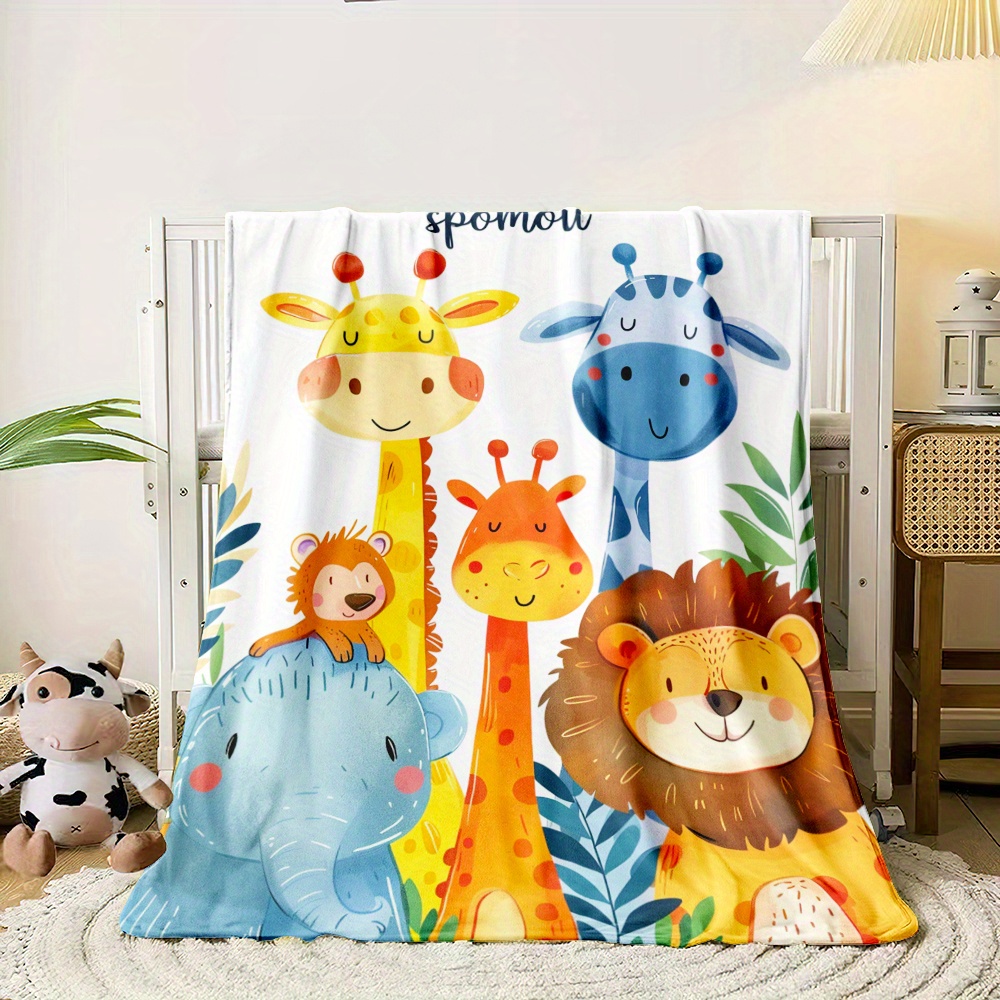 

1pc Animal Collective Blanket, Giraffe Elephant Lion Printed Flannel Thin Blanket, 4 Season Blanket Suitable For Sofa, Beds, Living Rooms, Travel, Soft And Nap Office Shawl Blankets