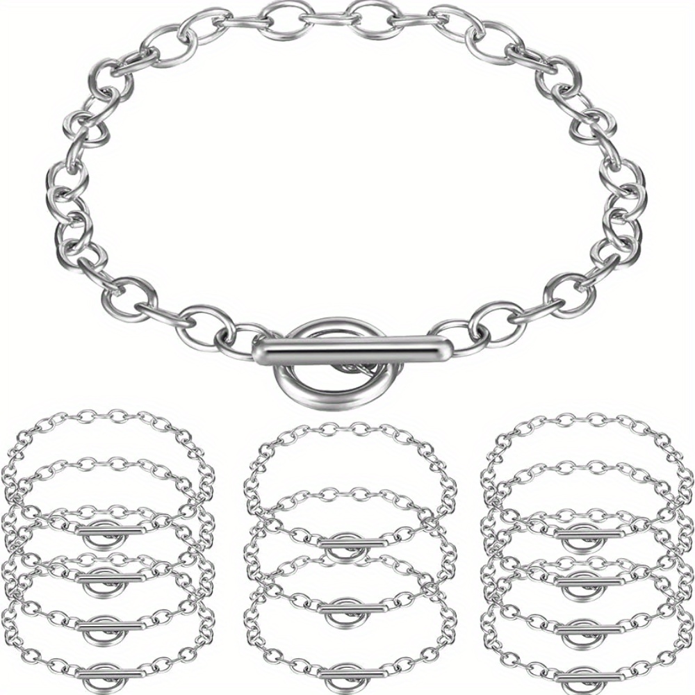 

12pcs Silver Plated Alloy Metal Chain Bracelets With Ot Toggle Clasps, Unisex Minimalist Charm Jewelry Base For Diy Bracelet Making