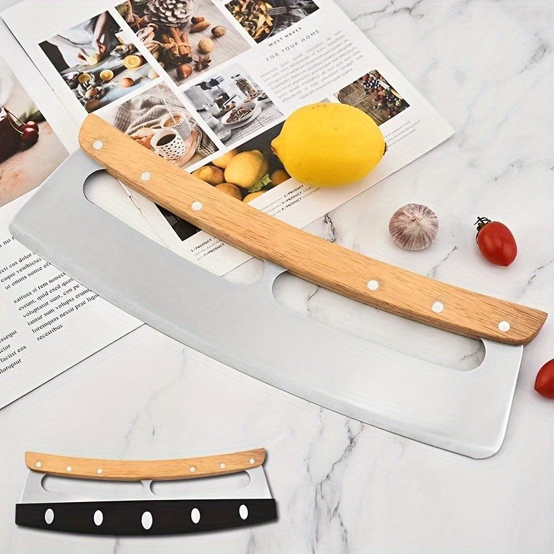 

1pc 14" Pizza Knife Rocker Sharp Stainless Steel Pizza Slicer Wooden Handle With Protective Cover, Perfect For Pizza Cake Homemade Pasta Fudge Dough