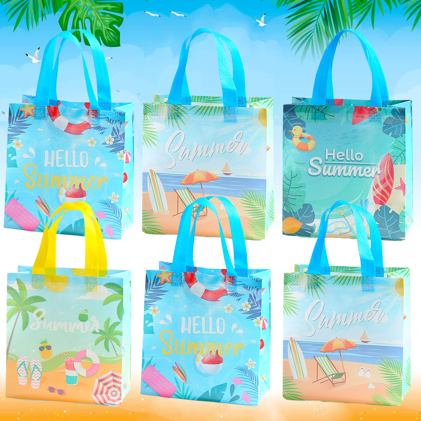 

6pcs Tropical Hawaiian Non-woven Gift Bags Tote Bags With Handles Summer Party Reusable Grocery Shopping Bag Tropical Beach Holiday Party Favors