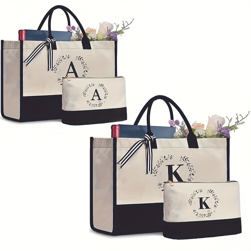 

2-piece Set Monogram Print Tote Bags, Large Canvas Shoulder & Hand Carry Bags, Reusable Casual Women's Alphabet Letter Handbag And Grocery Gift Bag, Personalized Initial - A To Z, Durable Material