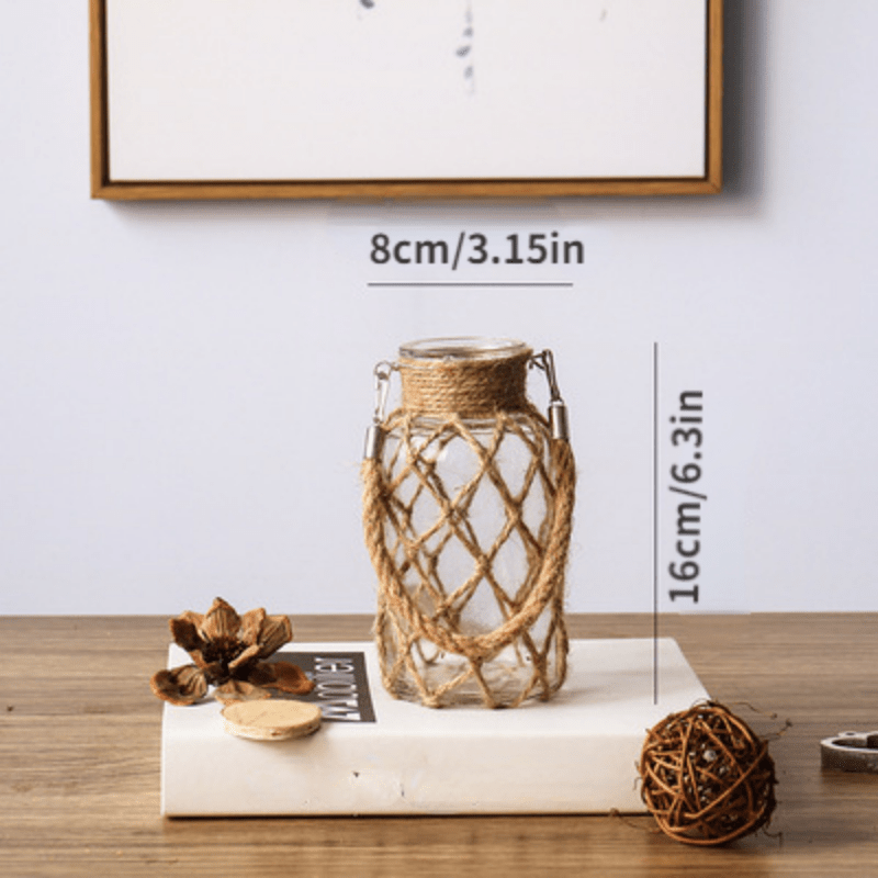 Retro Dried Flower Jute Rope Vase, Glass Transparent Indoor Vase Ornament Living Room Export Flower Container Small