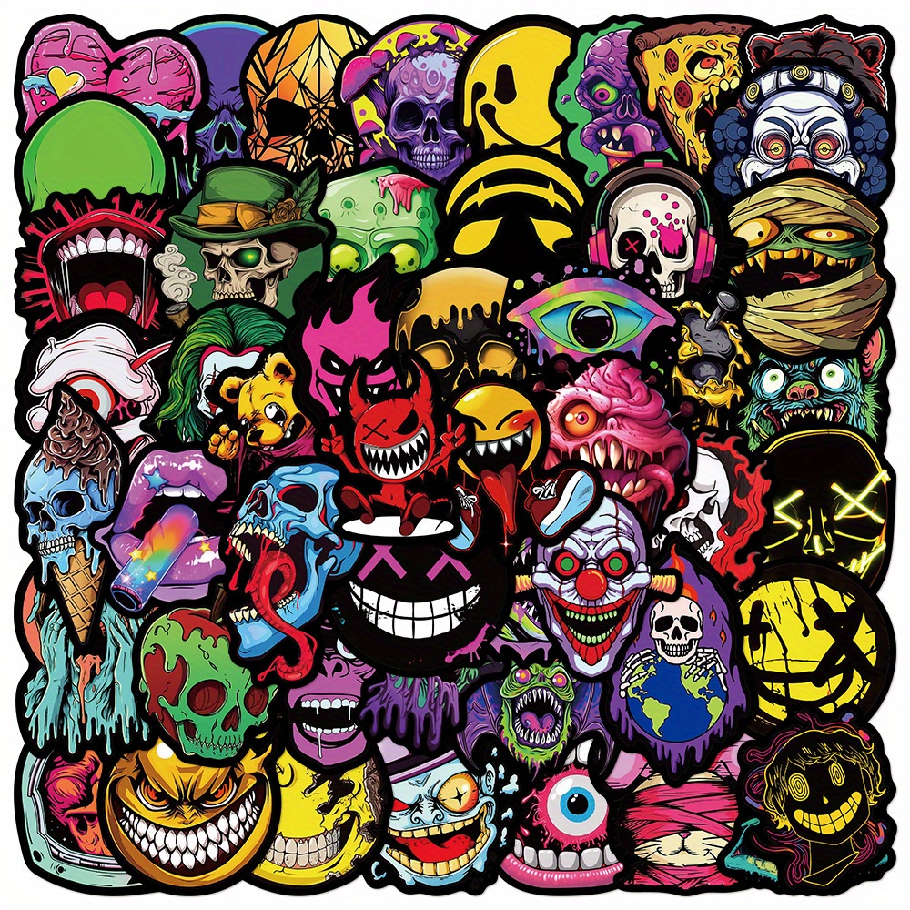 item picture 50pcs Gothic Skull Grimace Meme Cute Funny Love Doodle Art Cool Aesthetics Cartoon Deacls Stickers Pack Adults Suitcase Water Bottle Laptop Skateboard Luggage Party Decoration Gift