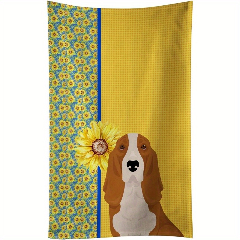 

1pc, Dishcloth, Contemporary Style Polyester Tea Towel, Summer Sunflower & Basset Hound Design, Red/white/yellow, Multipurpose For Kitchen, Bathroom
