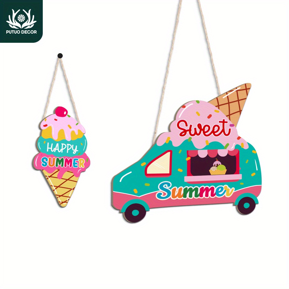 

2pcs, Ice Cream Wood Hanging Plaque Decoration, Happy Summer Sweet Summer, Wooden Hanging Sign Decor For Home Farmhouse Beach Swimming Pool Coffee Shop, Gift