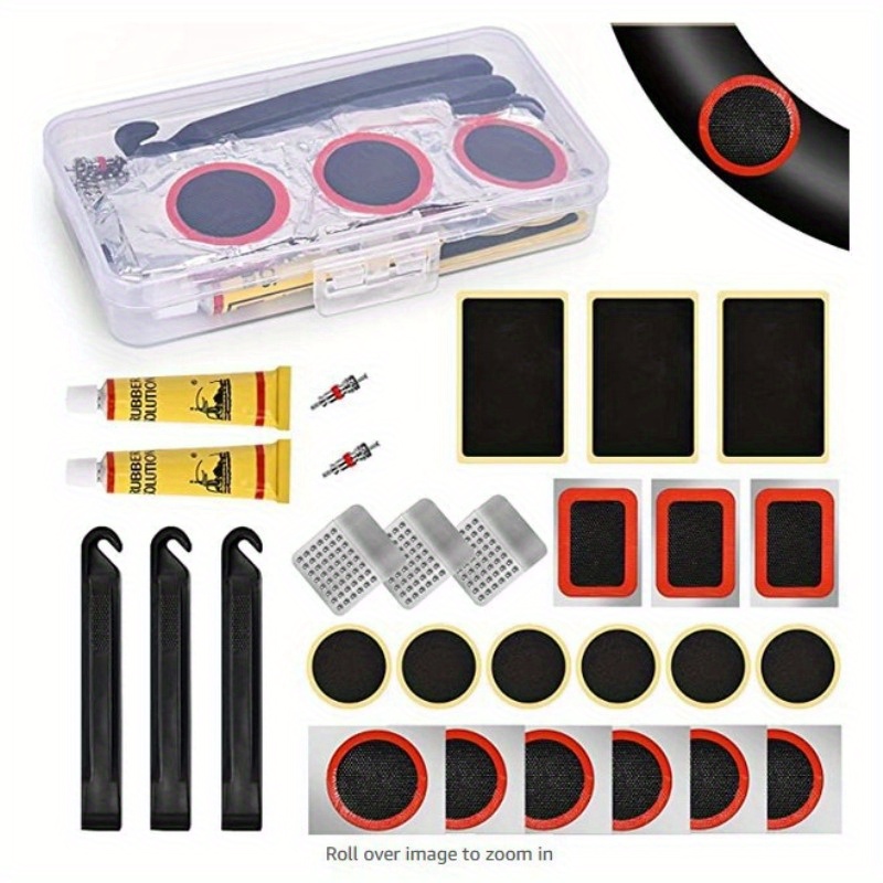 

Bicycle Tire Repair Kit With Glueless Patches, Levers, Metal Rasps & Portable Case - Multi-size Inner Tube Puncture Fix For Motorcycles, Bmx, Mtb & Road Bikes