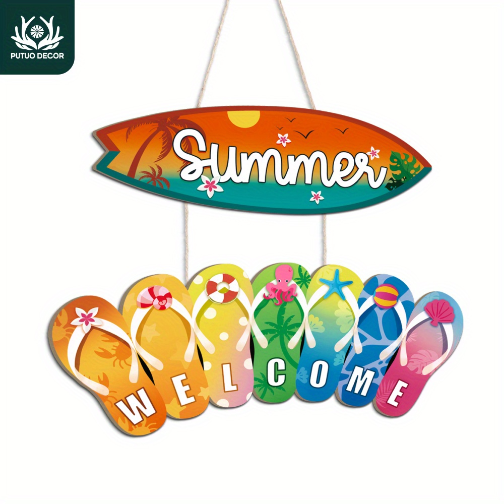 

1pc, Surfboards And Slippers Wood Hanging Plaque Decoration, Summer Welcome, Wooden Hanging Sign Decor For Home Farmhouse Beach Swimming Pool Coffee Shop, Gift
