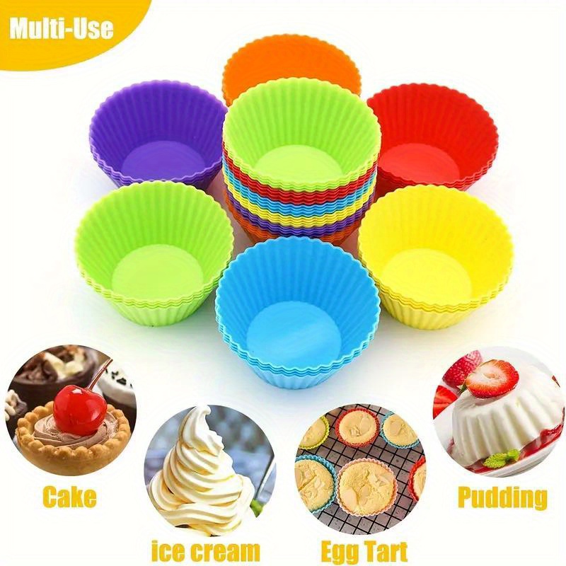 

12pcs Silicone Cake Cups, Round Muffin Cupcake Baking Molds, Reusable Diy Cake Decorating Tools, Wedding Birthday Party Decorations