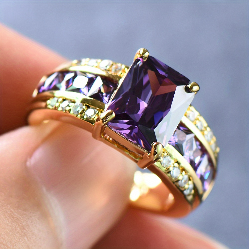 

Fashion Rectangle Cut Purple Stone Cz Ring Yellow Golden Color Engagement Princess Love Ring Wedding Band Ring Valentine's Day Gift