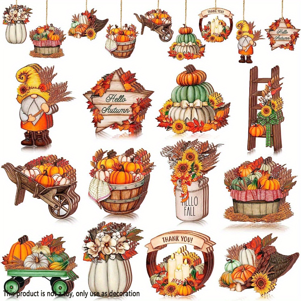 

24pcs Thanksgiving & Fall Decor Set - Wooden Pumpkin And Maple Leaf Hanging Ornaments For Tree, Garden, Yard - Party And Holiday Decorations